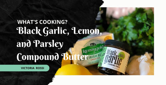 a group of ingredients: lemons, butter, parsley, olive oil, a clove of raw garlic, and a jar of Soul to Belly Black Garlic Cooking Paste