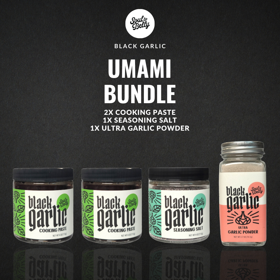 Soul to Belly's umami bundle includes two 4 oz jars of black garlic cooking paste, one four ounce jar of black garlic seasoning salt, and one 2.7 ounce jar of ultra garlic powder